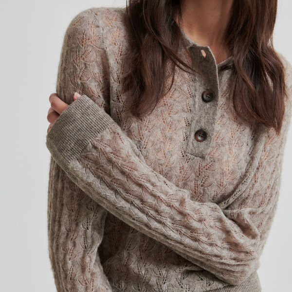 Vespa Knit LS Polo, mid brown melange, Second Female