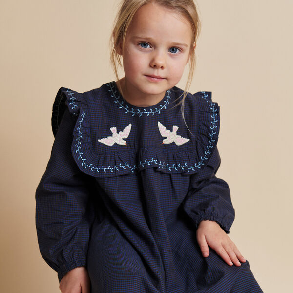 Checkered Dress w. Embroidery and Ruffle, brown/blue check comb., Copenhagen Colors Organics