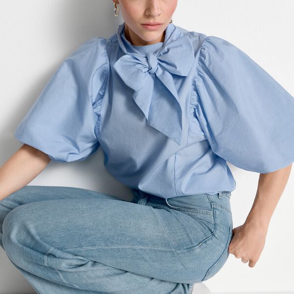 Cotton Striped Blouse with Removable Bow, skyway blue, Rich & Royal