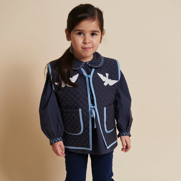 Checkered Quilted Vest w. Embroirdey, brown/blue check comb., Copenhagen Colors Organics