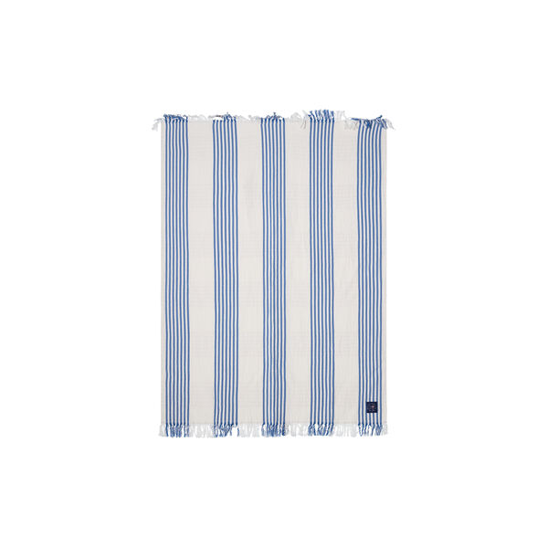 Striped/Checked Organic Cotton Throw, white/blue/beige, Lexington