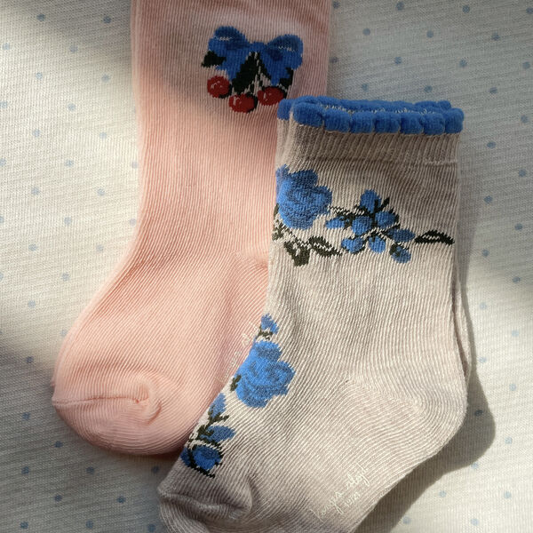 2 Pack Flower and Cherry Jacquard Socks, amarena/tramonto, Konges Sl&oslash;jd
